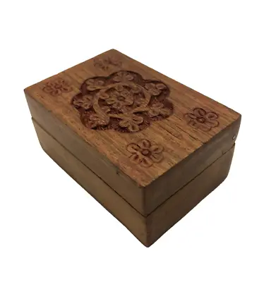 Hand Carved Flower Wooden Wood Trinket Pill Box Brass Accents 3  • $5.95