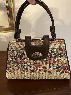 Vintage Granny Chic Tapestry Needlepoint Carpet Bag Floral Top Handles 50s 60s  • $17.99