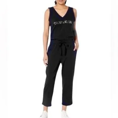 Calvin Klein Sleeveless V-Neck Gold Logo Black Knit Cropped Jumpsuit Size Large • $27.30