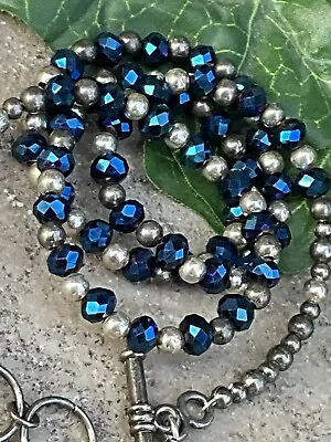 Vintage Silver Tone Blue Aurora Borealis Bead Necklace Costume Jewelry  • $16.41