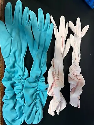 Lot Of 2 Pairs Vintage Womans Pink And Turquois Long Ruffled Gloves • $10