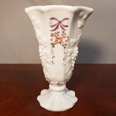 Vintage Westmoreland Glass Hand Painted Roses & Bows With Grapes Milk Glass Vase • $20