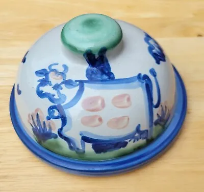 $75 • Buy M.A. Hadley Pottery Cow Cheese Keeper Covered Butter Dish Country Scene Blue VTG