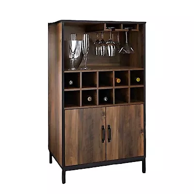 Wine Cabinet Drink Bottle Storage Unit Glass Door 10 Shelves 2 Doors Rustic Oak • £100