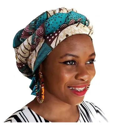 Turquoise African Print Modu Hat - Pre-tied Head Wrap • $27.95