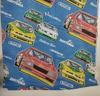 Vintage Blue NASCAR Twin Flat Bed Sheet  Race Cars Track Names Bibb Company USA • $12.99