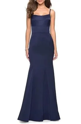 La Femme Navy Blue Structured Trumpet Gown Size 4 Orig $348 • $99.98