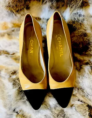 Vintage CHANEL Classic Two Tone Cap Toe Pump Shoes Size 36/ 6 1/2 Made In Italy • $254.88