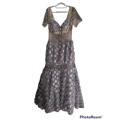 MNM Couture Hand Beaded Sequin Long Sequin Silver Grey Gown Sheer Mid Section 14 • $250