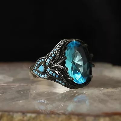 Men's Ring 925K Sterling Silver Turkish Jewelry Blue Topaz Stone All Size • $46