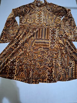 Retro 60s Style Velvet Uncle Frank Hippie Dress Size Medium Brown & Blue Paisley • $24.99