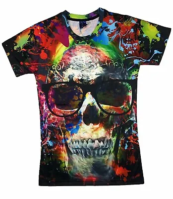 £10.99 • Buy Skull In Glasses Colourful T-Shirt Acid Wash Tie Dye Print Skulls Printed Tee 3D