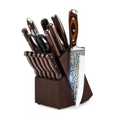 15pc Kitchen Stainless Steel Knife Block Set Embossed Chef Blade Cutlery Brown • $177