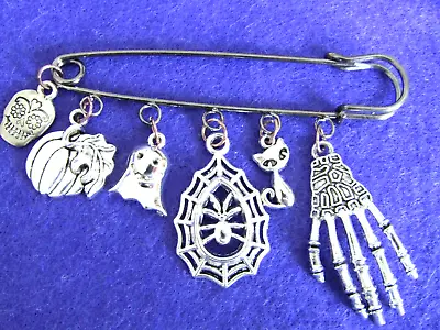 Pewter  Safetypin/kilt Brooch With 6 X Halloween/gothic Theme Silver Charms- New • £2.99