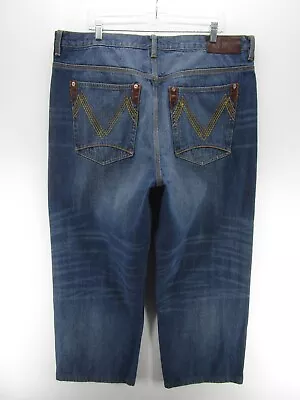 Sean John Jeans Men 38 Blue Straight Denim Faux Leather Trim Hip Hop Baggy 40X28 • $19.59