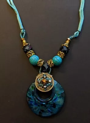 Turquoise Look Medallion Necklace With Gold Tone Metal • $9.95