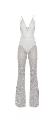 Prettylittlething Silver Glitter Mesh Plunge Jumpsuit  Romper Wide  Leg Size 6 • $29.99