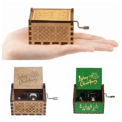 Wooden Music Box Hand Crank Engraved Decor Christmas Xmas Musical Toys Kid Gift • £6.99