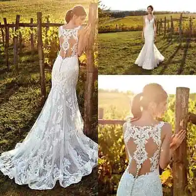 Sexy Mermaid Wedding Dresses Spaghetti Straps Lace Applique Bridal Gown  • $139.99