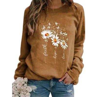 Blouse For Women Round Neck Soft Home Office Long Sleeve Print Loose Tunic Top • $21.55