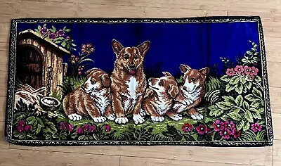 Vintage Velvet Wall Tapestry Welsh Corgi Puppy Dog Flowers Blue Green Brown • $29.99