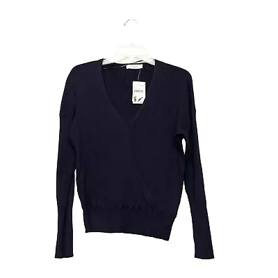 Elodie Size Medium Faux Wrap Crossover Sweater Ribbed V Neck Knit Top Navy Blue • $11.96