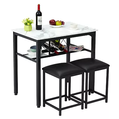 3 Pcs Bar Dining Table And Chairs Set Breakfast Table Set W/Faux Marble Tabletop • $119.99