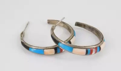 Vintage Southwestern Sterling Silver Multi Stone Inlay Hoop Earrings • $39.99