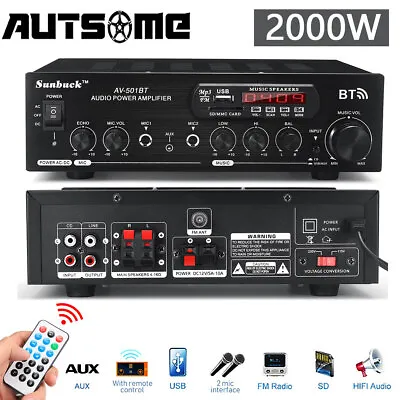 2000W Bluetooth Power Car Home Amplifier Amp Stereo 12V 2CH 2 Mic Input 220V • £39.57