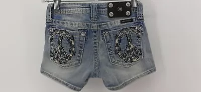 Girls Miss Me Jeans Denim Shorts 10 Peace Sign Embroidered Rhinestone Light Wash • $18