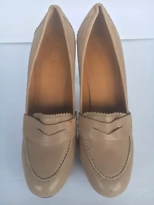J Crew Women Taupe Nude Leather Biella Penny Loafer High Heel Size US 8.5 -Italy • $20