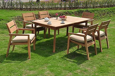 7 Pc Outdoor Dining Teak Set - 94  Double Ext Rectangle Table 6 Stacking Chairs • $3139