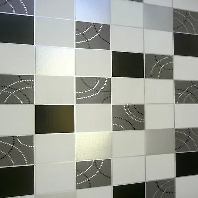 £11.75 • Buy Debona Dotty Wallpaper Kitchen Bathroom Black Silver Tile Effect Washable 2670