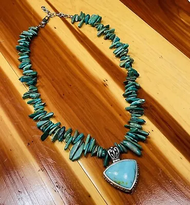 Vintage Handmade Sterling Silver Beaded Turquoise Pendant Necklace Triangle • $70