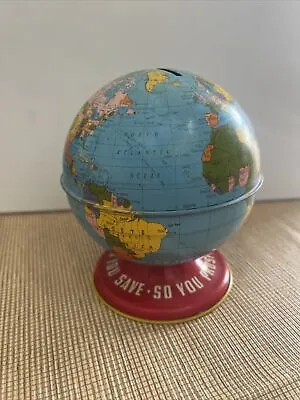 Vintage Ohio Art Litho Tin Metal World Globe Bank Save & Prosper 4.5 • $7.92