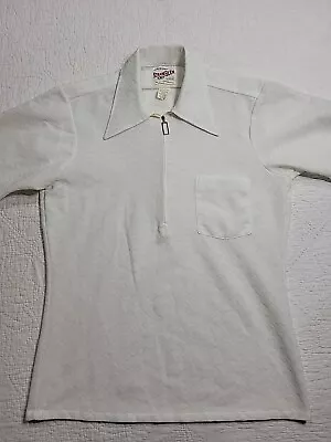 Vintage 70s Arrow Scrambler Knit Polo Shirt Size Medium 1/4 Zip White Textured • $29.99