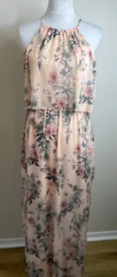 Miss Selfridge Halter Maxi Dress Size 8 Peachy Pink Floral Keyhole Lined • $12.55