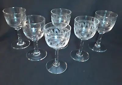 6 Vintage Pall Mall Sherry / Port / Liqueur Glasses In Greek Key Pattern • £14.75