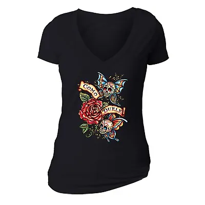 Womens Como Duele Butterfly Sugar Skull Day Dead Muertos Mexican V-Neck T-Shirt • $20.49