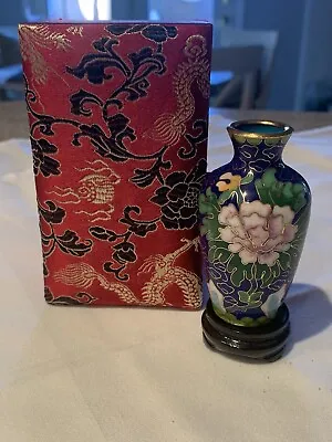 Vintage Chinese Cloisonné Enamel Miniature Cobalt Vase W/ Stand & Silk Box • $29.99