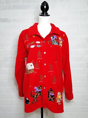 Vintage The Quacker Factory CAT Christmas Red Thick Button Flannel Sweater Sz M  • $31.45