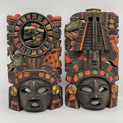 Pair Of Hand Carved Wood Mayan Mask Warrior Pyramid Artwork Chichén Itza Jaguar • $179