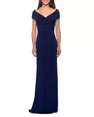 La Femme Navy Blue Ruched Off The Shoulder Jersey Column Gown Size 16 $348 • $89.98