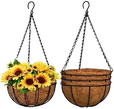 12-inch Metal Hanging Basket Rust-Resistant Garden Planter Coco Fiber Liner 3 Pk • £14.48