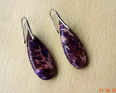 Lovely Deep Purple REGALITE Sea Sediment JASPER Drop EAR RINGS  Gift Wrapped • £7.95