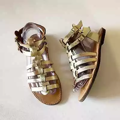 KOUROS | Handmade Greek Gladiator Sandals Gold Leather Double Ankle Strappy Sz 8 • $44.95