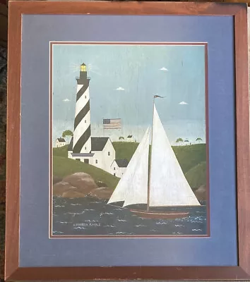 Warren Kimble Sailboat Lighthouse Green Hills American Folk Art Wood Frame Print • $59.95