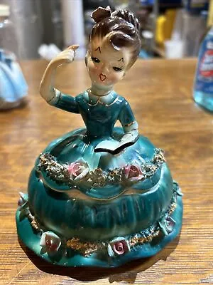 Vintage Handpainted Ceramic Figurine Victorian Lady Trinket Jewelry Box • $40