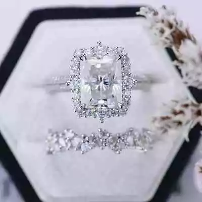 Engagement Bridal Ring Set 3 Ct Emerald Simulated Diamond 14K White Gold Plated • $144.40
