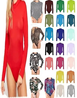 Womens Long Sleeve Ladies High Polo Roll Turtle Neck Bodysuit Leotard Top 8-26 • £6.49